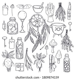 Alabros ocultos mágicos dibujados a mano. Colección de hechizos.  Arte sagrado y misterioso. Dibujo vectorial.