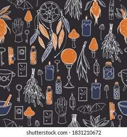 Hand drawn magical occult lements. Sorceress collection.  Sacred mysterious art. Vector seamless  pattern.