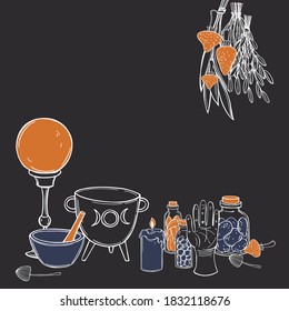 Hand drawn magical occult lements. Sorceress collection.  Sacred mysterious art. Vector sketch illustration.