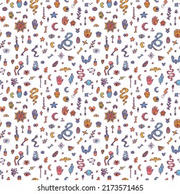 Hand drawn magical seamless pattern. Doodle boho style. Halloween. Witchcraft print. Mystical esoteric background. Vector illustration