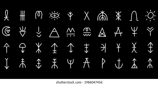 Hand drawn magical symbols with moon, sun and rainbow elements isolated on black background vector illustration.