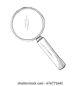 Hand drawn magnifier isolated on white background. Vector illustration in sketch style.