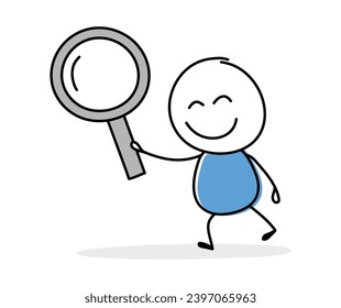 Hand drawn magnify glass symbol. Funny concept with a stickman holding icon. Cartoon style design. Vector illustration