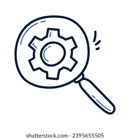 Hand drawn magnifying with gear doodle illustration design. magnifying with gear doodle icon vector.