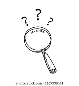 Hand Drawn Magnifying Glass Doodle Cartoon With Question Marks