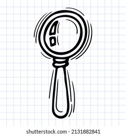 Hand Drawn Magnifying Glass Icon On Checkered Background. Office Supplies Doodle. Vector Illustration