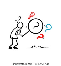 hand drawn magnifying glass and looking through it at interrogation points. Concept of frequently asked questions, query, investigation, search for information in doodle style vector svg