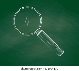 Hand drawn a magnifying glass on a green school board. Vector illustration in sketch style.