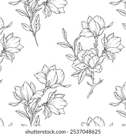 Handgezeichneter Magnolia-Hintergrund. Trendy Magnolia nahtloses Muster. Magnolia Linie Art. Frühlingsblumen nahtlos. Magnolienmuster für luxuriöse Tapeten, Textilien, Hochzeitseinladungen, Karten, Etiketten.