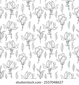 Plano de Fundo Magnólia Desenhado à Mão. Trendy Magnolia Sem Costura Padrão. Magnolia Line Art. Flores de primavera sem costura. Padrão de magnólia para papéis de parede de luxo, têxteis, convites de casamento, cartões, etiquetas.
