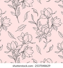 Hand Drawn Magnolia Background. Trendy Magnolia Seamless Pattern. Magnolia Line Art. Spring flowers seamless. Magnolia pattern for luxury wallpapers, textile, wedding invitations, cards, labels.