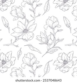 Hand Drawn Magnolia Background. Trendy Magnolia Seamless Pattern. Magnolia Line Art. Spring flowers seamless. Magnolia pattern for luxury wallpapers, textile, wedding invitations, cards, labels.