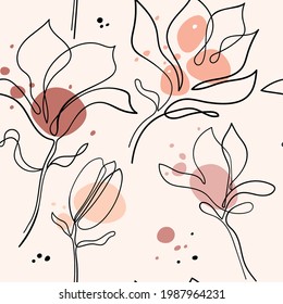 Hand drawn magnolia flower. Seamless pattern. Continuous line art. Magnolia flower sketch with black and white line art. Vector art illustration.  