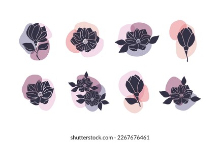 Hand drawn magnolia flowers illustration. Vector floral silhouettes with abstract shape isolated on white background. Botanical element for minimalistic poster, invitation, cards.