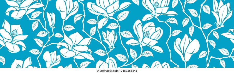 Hand drawn magnolia flowers and leaf seamless pattern. abstract floral background.