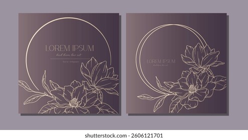 Hand Drawn Magnolia Flowers Outline. Line Art Magnolia Illustration. Botanical Background with trendy minimalist magnolias. Luxury Floral Line Art design