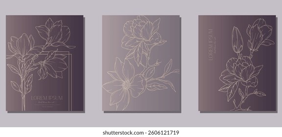 Hand Drawn Magnolia Flowers Outline. Line Art Magnolia Illustration. Botanical Background with trendy minimalist magnolias. Luxury Floral Line Art design