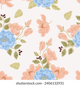 Hand Drawn Magnolia and Rose Flower Seamless Pattern