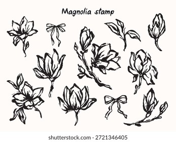 Hand drawn magnolia stamp vector illustration set with textured flowers, leaves, and decorative bows. Perfect for greeting cards, invitations, seasonal designs, and illustrations