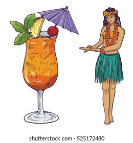 Hand drawn of Mai Tai Cocktail and Hula Girl