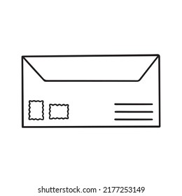Hand drawn mail envelope doodle. Postcard, letter, post stamp in sketch style. Post and mail service.  Vector illustration isolated on white background.