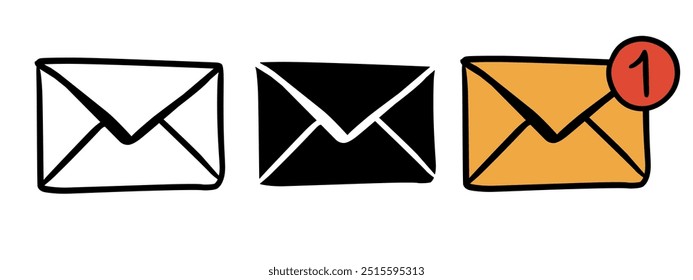 Conjunto de iconos de notificación de correo dibujado a mano. Icono de sobre de correo electrónico. Notificación nueva bandeja de entrada de mensaje, recibido, signo de icono. Conjunto de Ilustración vectorial de icono de correo de mensaje. 