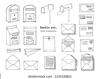 Hand Drawn Mail, Post, Letter, Envelope, Paper Plane Set. Vector Illustration. Doodle Decorative Elements. Mail And Post Icon In Sketch Style.