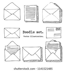 Hand drawn mail, post, letter Set. Vector illustration. Doodle elements. Mail icon in sketch style.