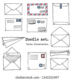 Hand drawn mail, post, letter, envelope, paper plane cartoon Set. Vector illustration. Doodle decorative elements. Mail and post icon in sketch style.
