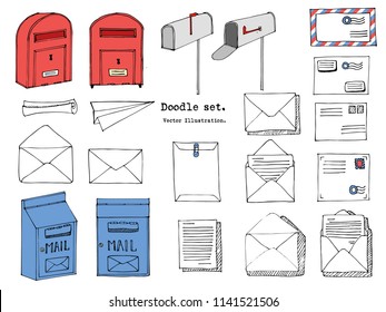 Hand drawn mail, post, letter, envelope, paper plane cartoon Set. Vector illustration. Doodle decorative elements. Mail and post icon in sketch style.