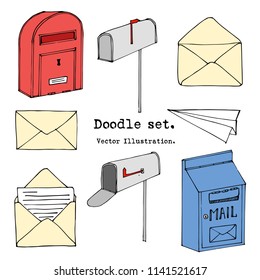 Hand drawn mail, post, letter, envelope, paper plane cartoon Set. Vector illustration. Doodle decorative elements. Mail and post icon in sketch style.