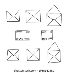 Hand drawn mail, post, letter,envelope. Doodle elements. Mail and post icon in sketch style