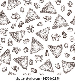 Hand drawn maize products background. Vector pop corn, corn chips, corn flakes sketches. Food, fast food and ingredients seamless pattern. Great for packaging, banner, menu, label. High detailed.
