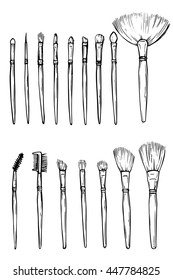 Hand drawn make up artist work professional tools. A set of brushes any size for professional makeup artist. Tools make-up artist.