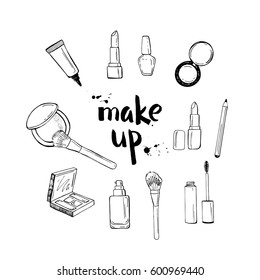 Hand drawn make up beauty products. Lipstick, nail polish, eye shadow, make up brushes, mascara. Retro style. Vector illustration.