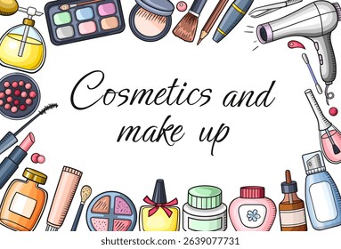 Hand drawn make up and cosmetics background. Vector illustration. Beauty salon concept