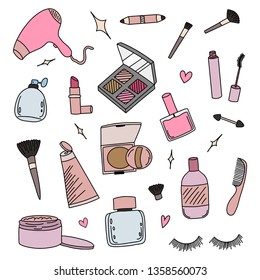 Hand drawn Make up Cosmetics doodle elements. Cosmetic doodles isolated vector illustrations on a white background. Cosmetics and makeup seamless pattern.