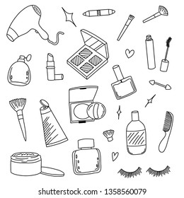 Hand drawn Make up Cosmetics doodle elements. Cosmetic doodles isolated vector illustrations on a white background. Cosmetics and makeup seamless pattern.