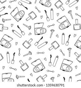 Hand drawn Make up Cosmetics doodle elements. Cosmetic doodles isolated vector illustrations on a white background. Cosmetics and makeup seamless pattern.