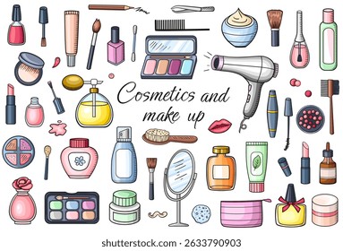 Hand drawn make up and cosmetics doodle kit. Vector illustration