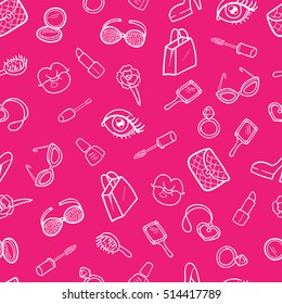 Hand drawn make up and decorative cosmetics items set. Vector template