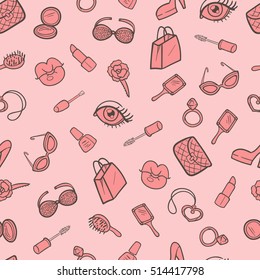 Hand drawn make up and decorative cosmetics items set. Vector template