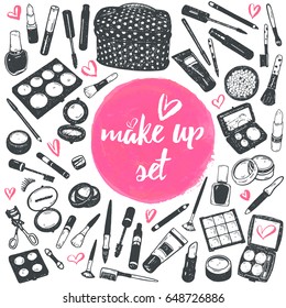 Hand drawn make up graphic cosmetics set, nail polish, powder, concealer, mascara, eye shadow. Isolated vector 