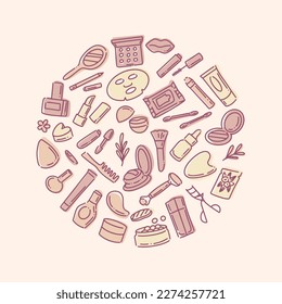 Hand drawn make up objects. Doodle cosmetics background for beauty shop.