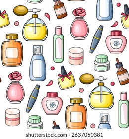 Hand drawn make up and perfume seamless pattern. Vector illustration. Beauty salon concept.