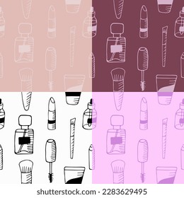 hand drawn make up seamless pattern, perfume, mascara, brush,  lipstick