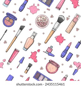 Hand drawn make up seamless pattern.Engraving cosmetics. Vector makeup background- tonal fluid, lipstick, lip gloss, powder, powder pearls, foundation, mascara, makeup brush, eye shadow, nail polish