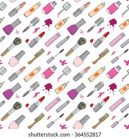 Hand drawn make up, cosmetics and beauty items seamless pattern with hairbrushes, lipstick and nails polish illustration isolated. Drawing doodle vector background, isolated on white.