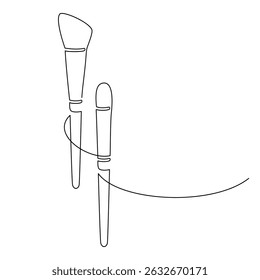 Hand drawn makeup brush set vector. One line continuous drawing. Beauty product linear silhouette icon. Cosmetics minimal print, banner, card, poster, brochure, logo, sign, symbol.
