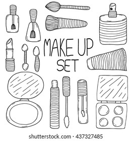 Hand drawn makeup  collection, vector doodle set with brushes, palette, mascara, nail polish, necklace, lipstick, perfume, puff, rouge and bottles.